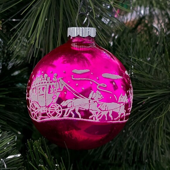 VTG Shiny Brite Stencil Stagecoach Pink Glass Christmas Ornament Horses Snow MCM - Picture 6 of 12